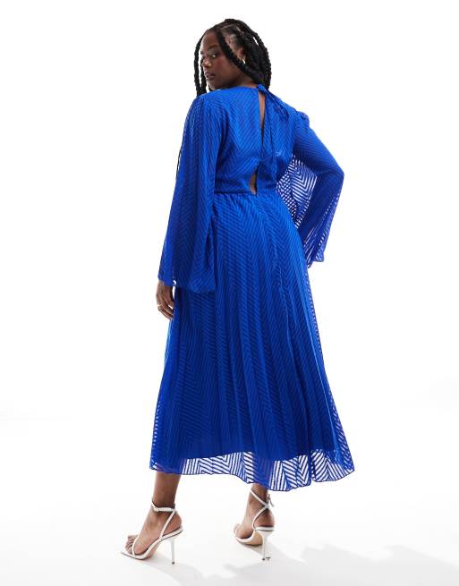 ASOS DESIGN Curve tie back fluted sleeve pleated chevron chiffon midi dress in cobalt