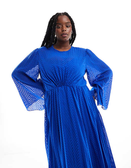 ASOS DESIGN Curve tie back fluted sleeve pleated chevron chiffon midi dress in cobalt ASOS