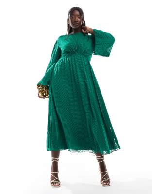 Asos Curve Asos Design Curve Tie Back Fluted Sleeve Pleated Chevron Chiffon Midi Dress In Green