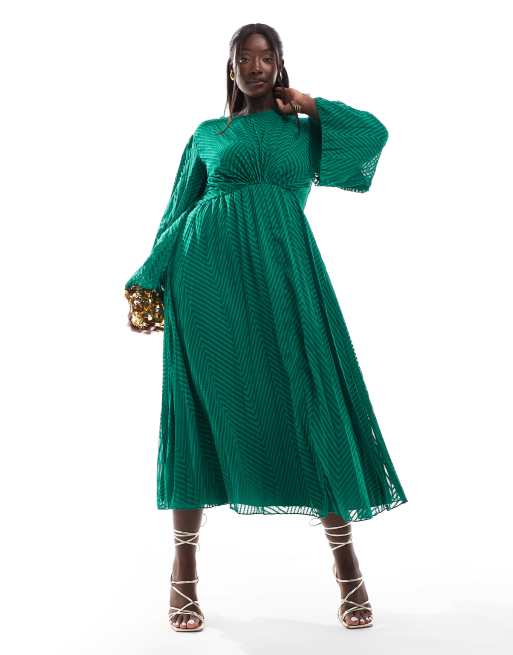 ASOS DESIGN Curve tie back fluted sleeve pleated chevron chiffon midi dress in green ASOS