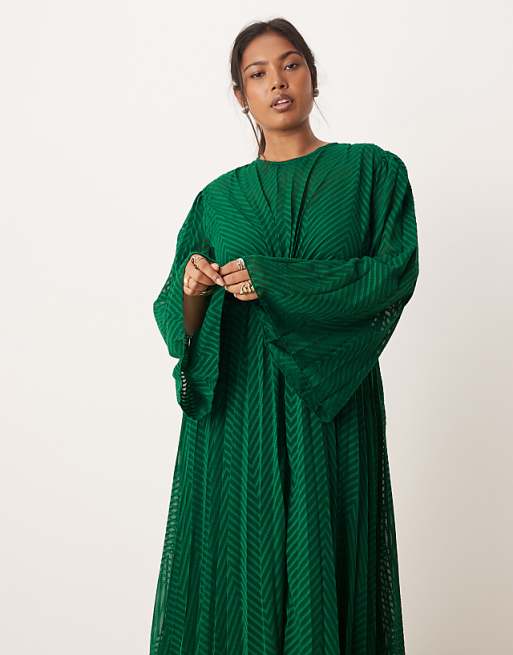 knee length dresses for ladies Rent ASOS DESIGN High Neck Pleated Chevron Dobby Midi Dress With Puff Sleeve In Forest Green