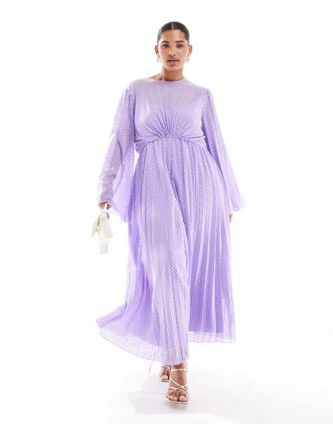 ASOS DESIGN Curve tie back fluted sleeve pleated chevron chiffon midi dress in lilac - view 1