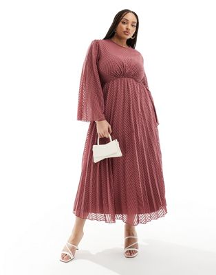 Asos Curve Asos Design Curve Tie Back Fluted Sleeve Pleated Chevron Chiffon Midi Dress In Rose-pink