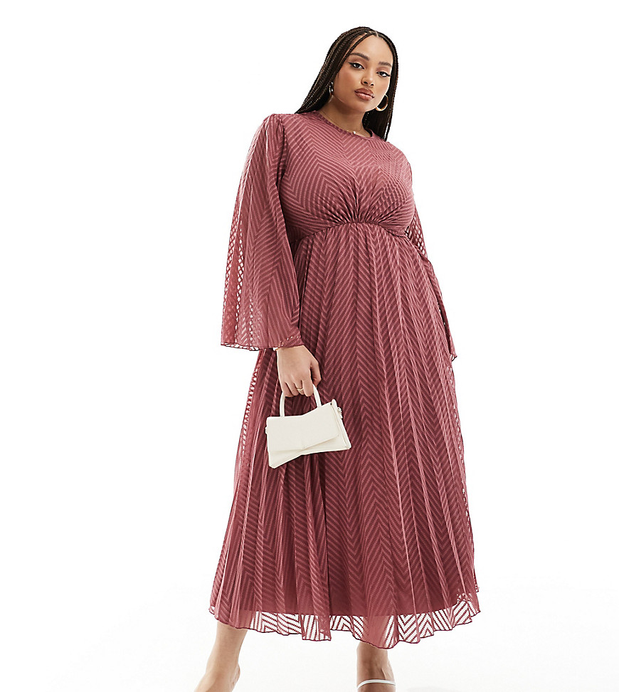 Asos Curve Asos Design Curve Tie Back Fluted Sleeve Pleated Chevron Chiffon Midi Dress In Rose-pink