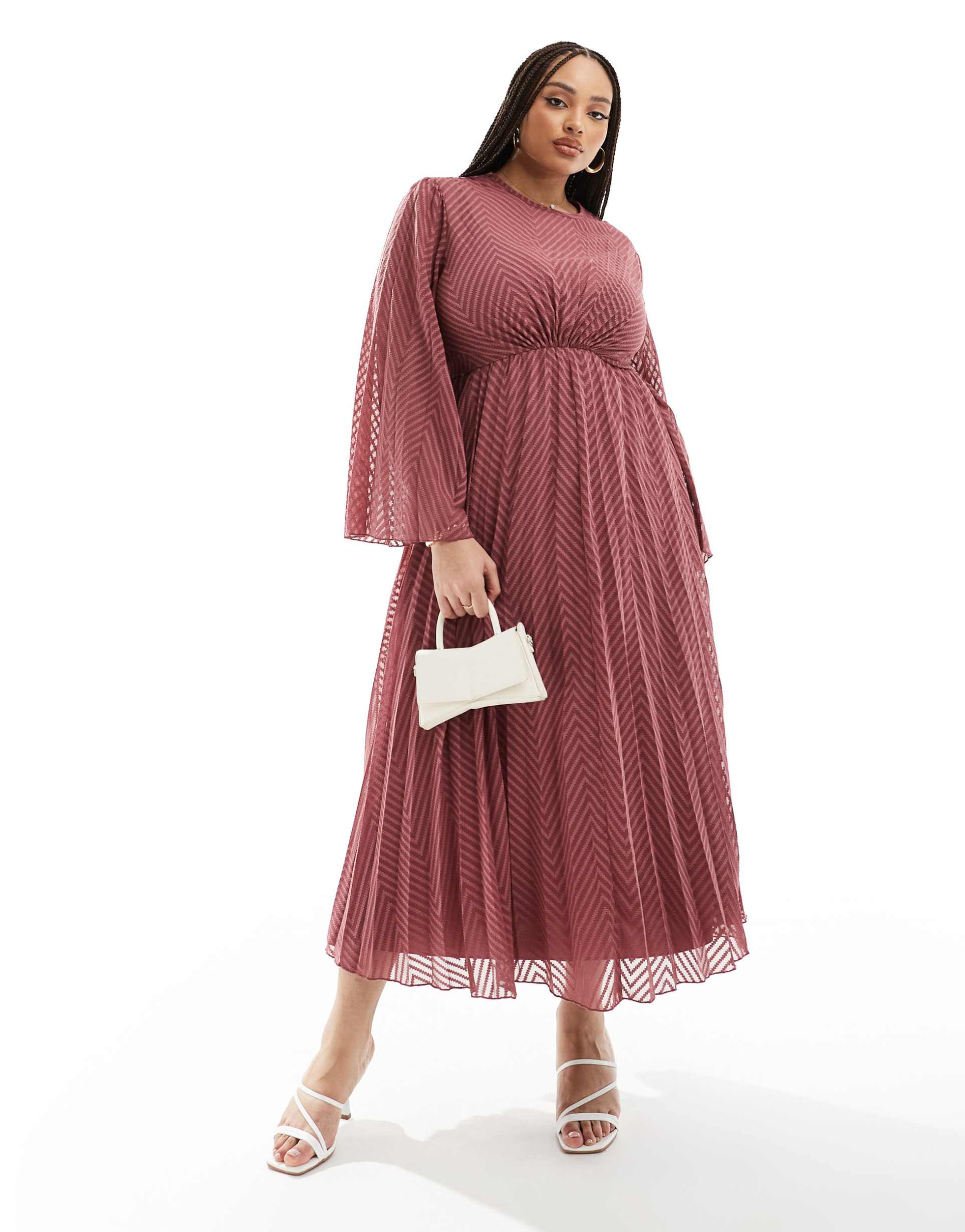 asos design curve tie back fluted sleeve pleated chevron chiffon midi dress in rose