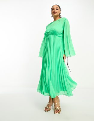 Asos Design Curve Tie Back Fluted Sleeve Pleated Midi Dress In Green
