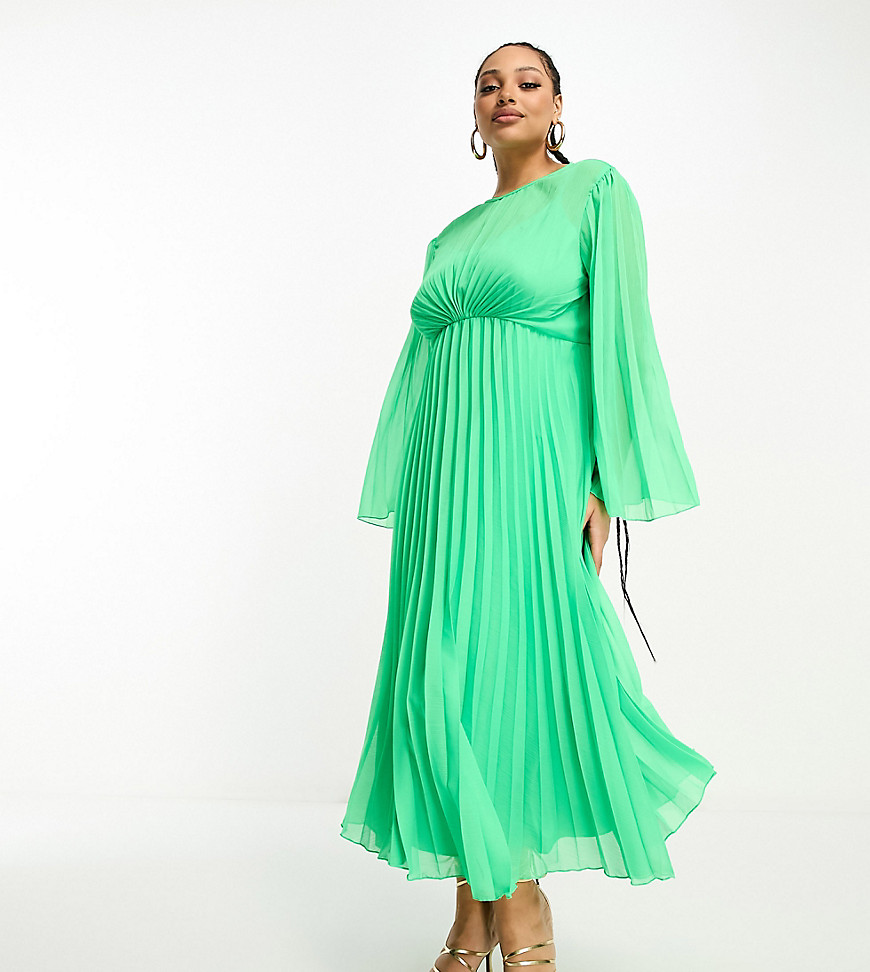 Asos Curve Asos Design Curve Tie Back Fluted Sleeve Pleated Midi Dress In Green