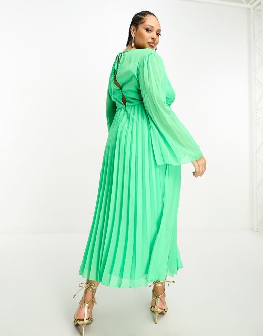 ASOS DESIGN Curve tie back fluted sleeve pleated midi dress in green ASOS