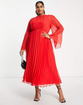 Asos Design Curve Tie Back Fluted Sleeve Pleated Midi Dress In Red