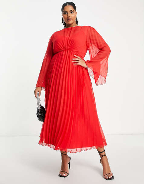 Red v-neck Plus Size Fluted Sleeve Midi Dress