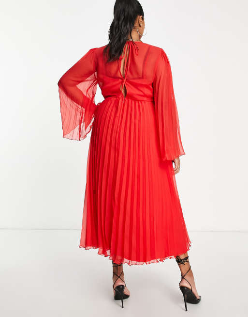 asos red pleated midi dress ASOS DESIGN cami drape bodice pleated midi dress in red