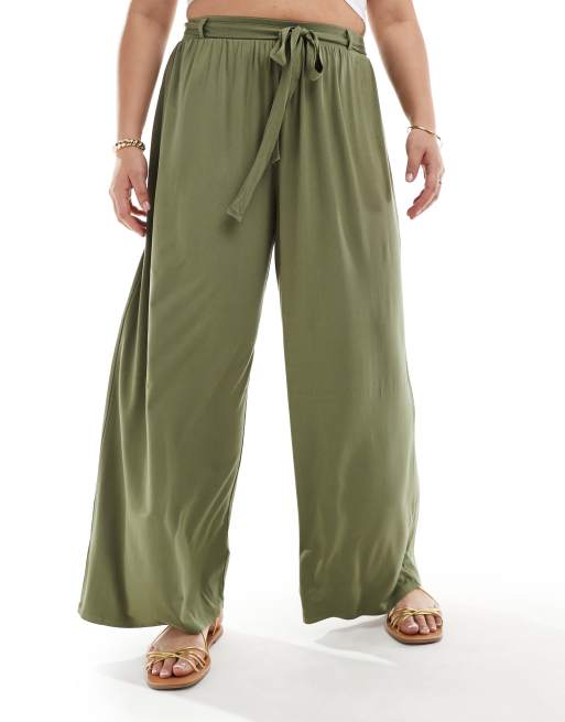 ASOS DESIGN Curve tie belt wide leg pants in khaki