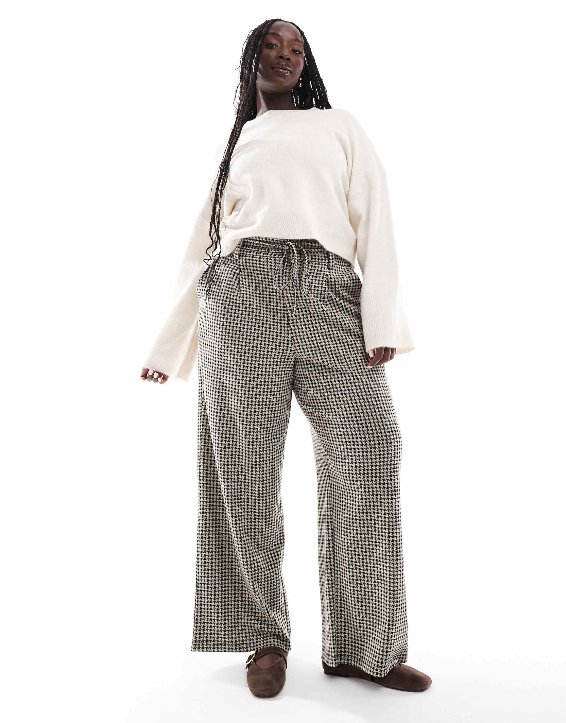 asos design curve tie belt wide leg pants in micro dogtooth check