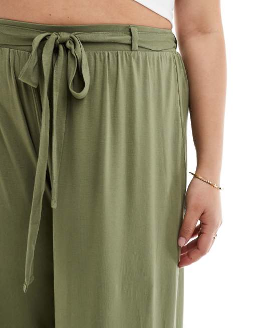 ASOS DESIGN Curve tie belt wide leg trouser in khaki