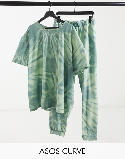 ASOS DESIGN Curve tie dye oversized tee & legging pyjama set in green