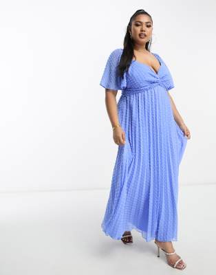 ASOS DESIGN Curve tie front angel sleeve textured midi dress in cornflower  blue | ASOS