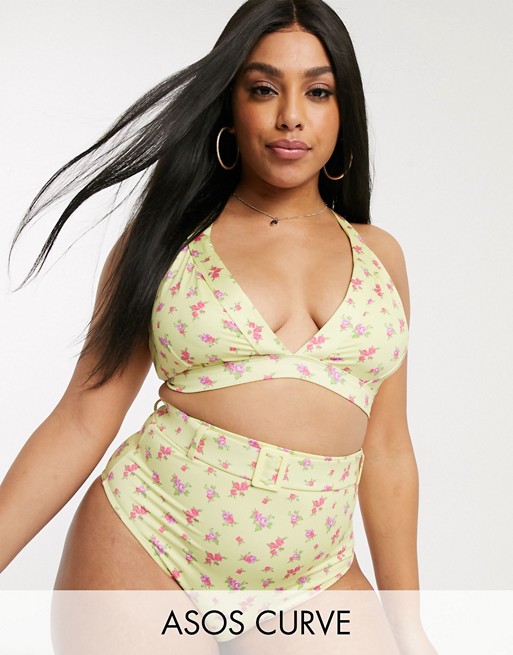 ASOS DESIGN Curve tie front bikini top in yellow ditsy floral