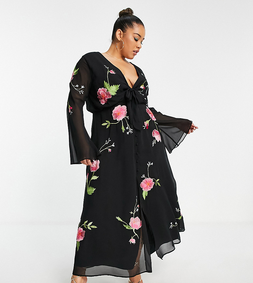 ASOS DESIGN Curve tie front button through maxi dress with floral embroidery in black