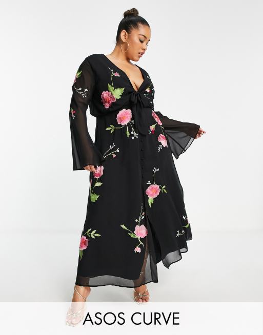 Asos Design Curve Tie Front Button Through Maxi Dress With Floral Embroidery In Black Asos 