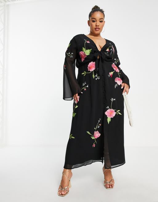 ASOS DESIGN Curve tie front button through maxi dress with floral