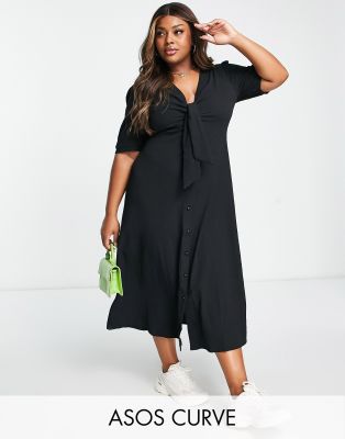Asos Design Curve Tie Front Button Through Midi Dress In Black