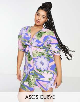 Asos Design Curve Tie Front Button Through Mini Dress In Mixed Large And Ditsy Floral-Multi