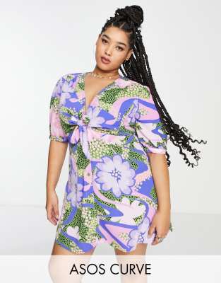 ASOS DESIGN Curve tie front button through mini dress in mixed large and ditsy floral-Multi