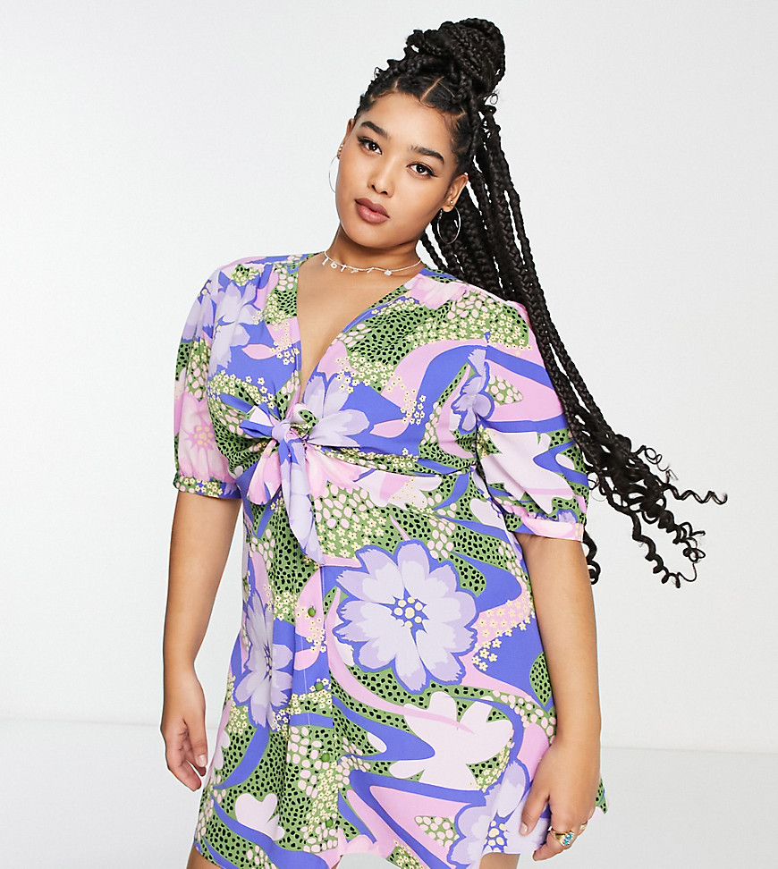 ASOS DESIGN Curve tie front button through mini dress in mixed large and ditsy floral-Multi
