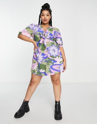 ASOS DESIGN Curve tie front button through mini dress in mixed large and  ditsy floral