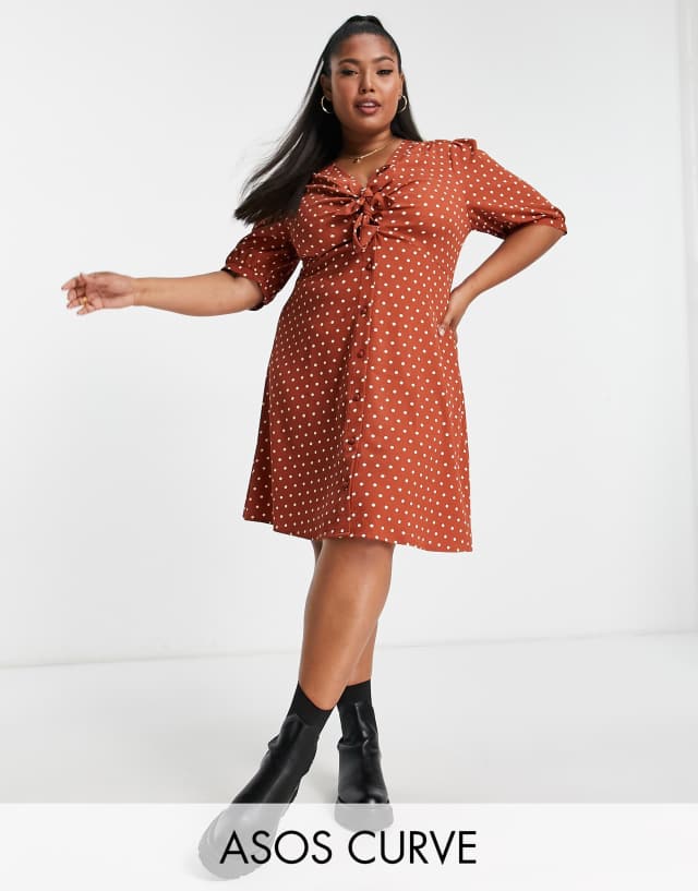 ASOS DESIGN Curve tie front button through mini dress in rust spot