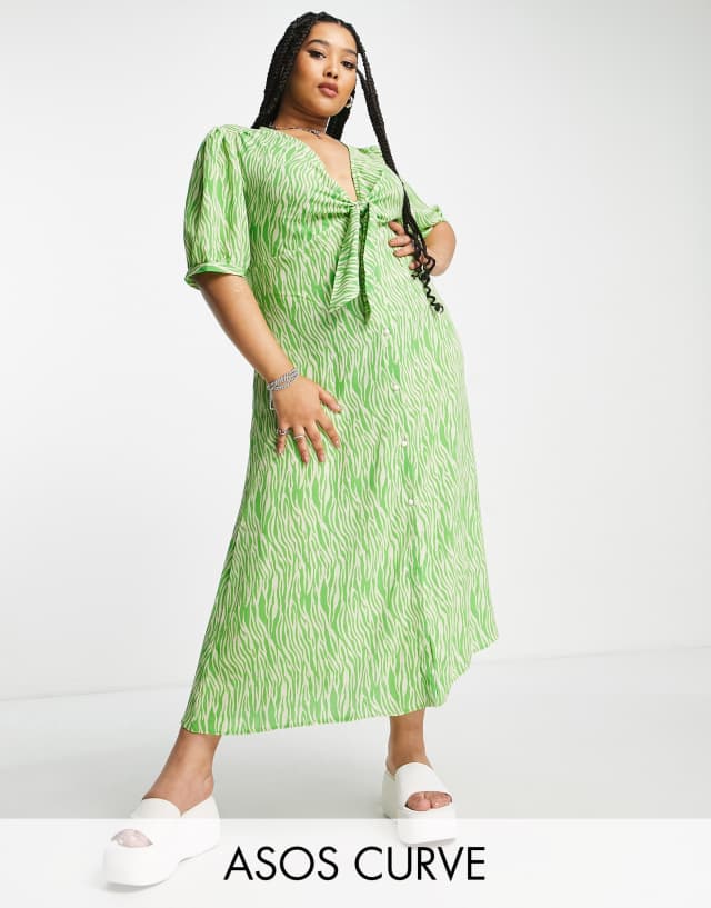 ASOS DESIGN Curve tie front button up midi dress in green animal print