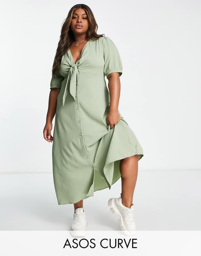 ASOS DESIGN Curve tie front button up midi dress in sage