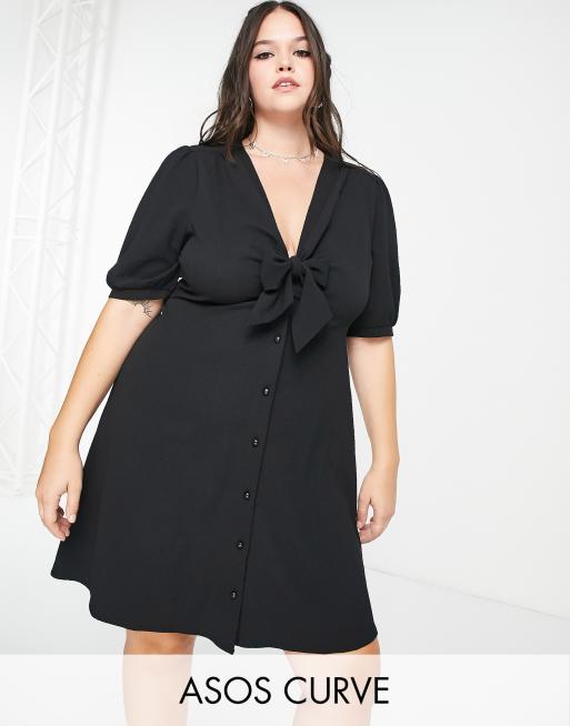 ASOS DESIGN Curve tie front button up mini dress in black | ASOS