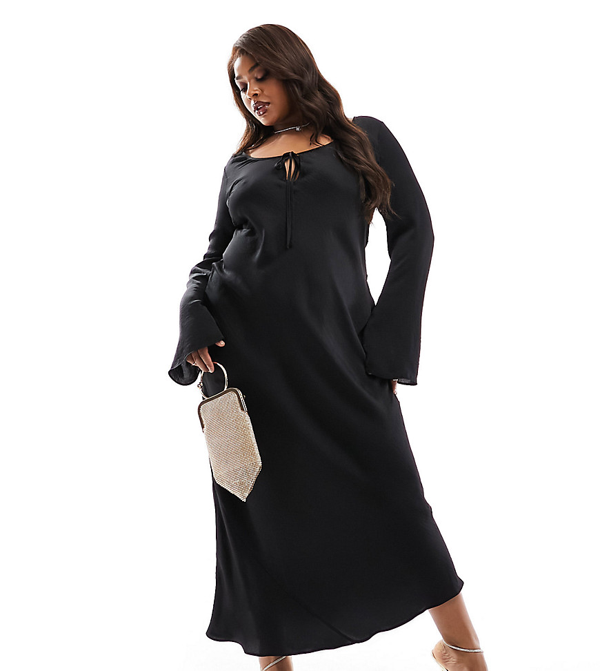 Asos Curve Asos Design Curve Tie Front Long Sleeve Midi Dress With Binding In Black