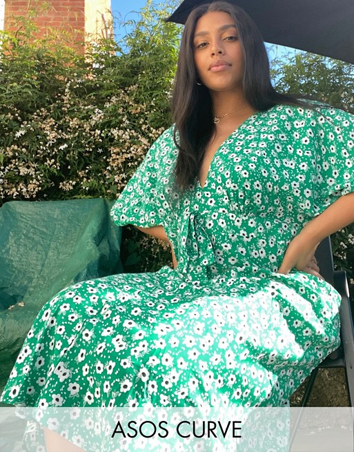 ASOS DESIGN Curve tie front midi tea dress in green floral print
