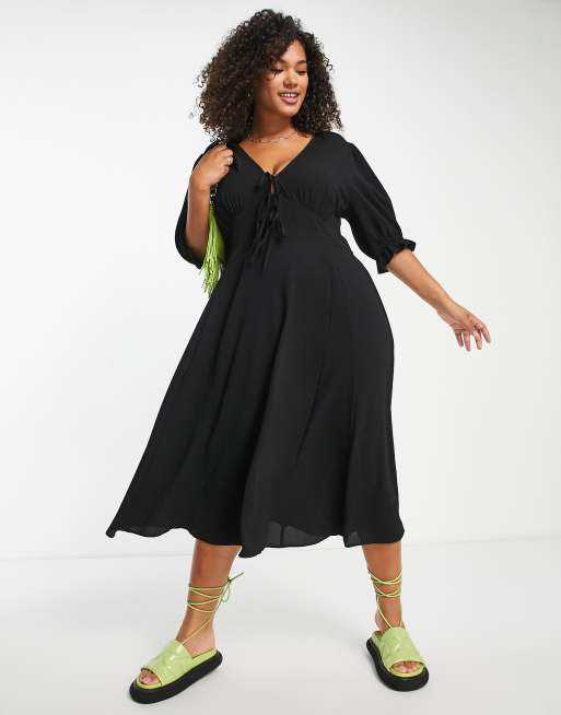 ASOS DESIGN Curve tie front midi tea dress with godets in black | ASOS
