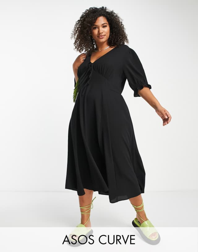 ASOS DESIGN Curve tie front midi tea dress with panels in black