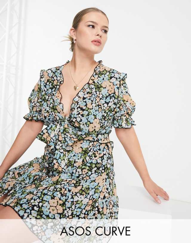 ASOS Curve - ASOS DESIGN Curve tie front mini dress with ruffle skirt in floral print