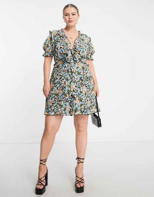 ASOS DESIGN Curve tie front mini dress with ruffle skirt in floral print, 3 of 4
