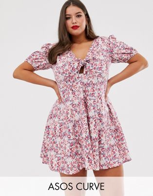 ASOS DESIGN Curve tie front mini tea dress with puff sleeves in vintage ...