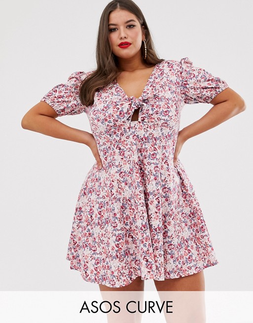 ASOS DESIGN Curve tie front mini tea dress with puff sleeves in vintage floral