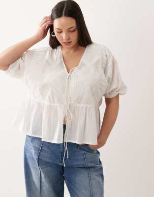 ASOS DESIGN Curve tie front pleat and lace insert top in white