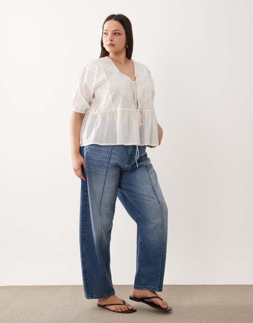 ASOS DESIGN Curve tie front pleat and lace insert top in white, 2 of 4