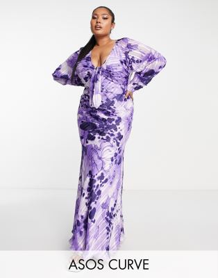 Asos Curve Asos Design Curve Tie Front Plunge Maxi Dress With Floral Print In Purple-multi