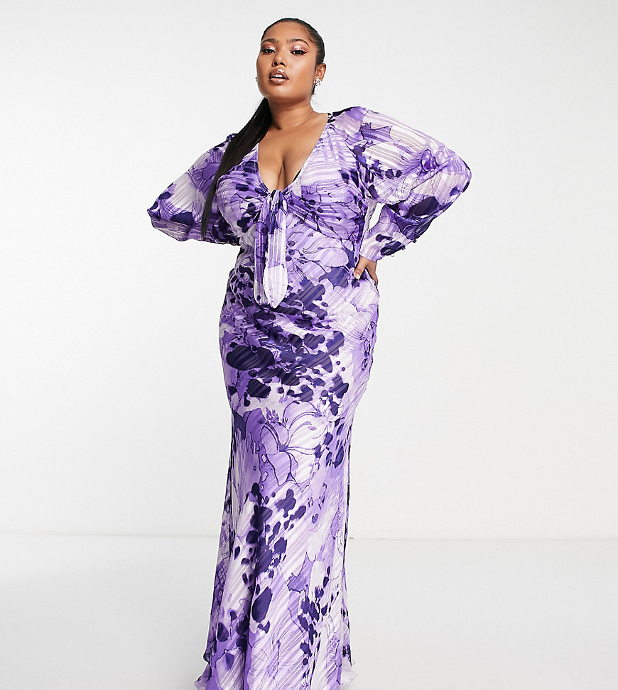 Asos Curve Asos Design Curve Tie Front Plunge Maxi Dress With Floral Print In Purple-multi