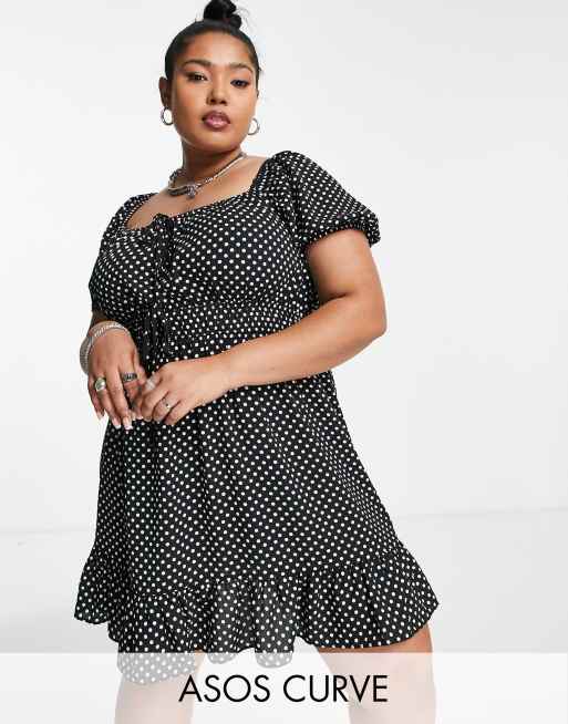 ASOS DESIGN Curve tie front short sleeve mini tea dress in mono dot print