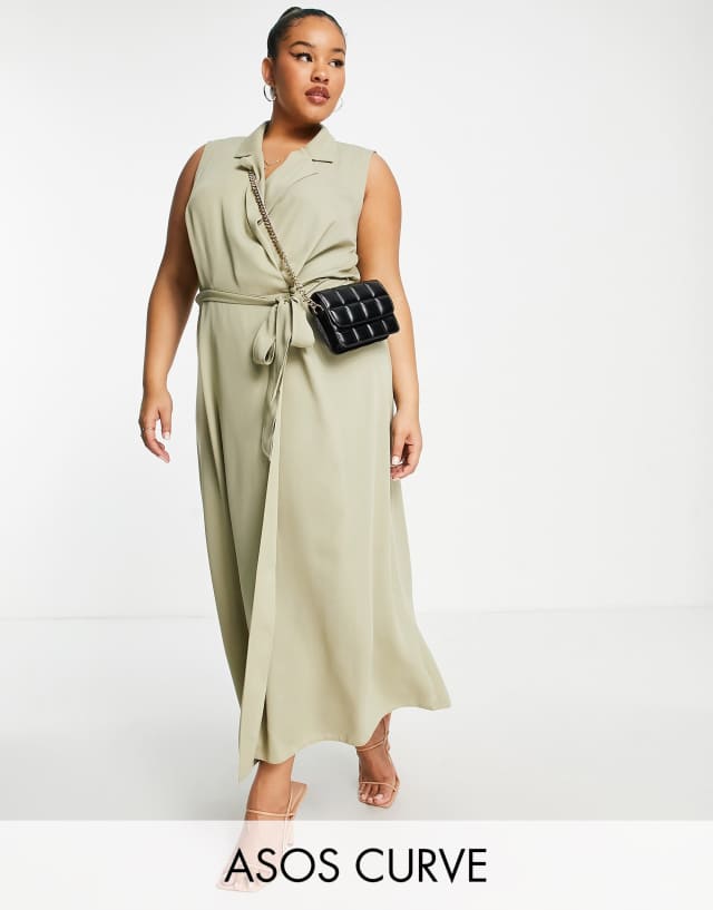 ASOS DESIGN Curve tie front sleeveless collared wrap midi dress in sage green