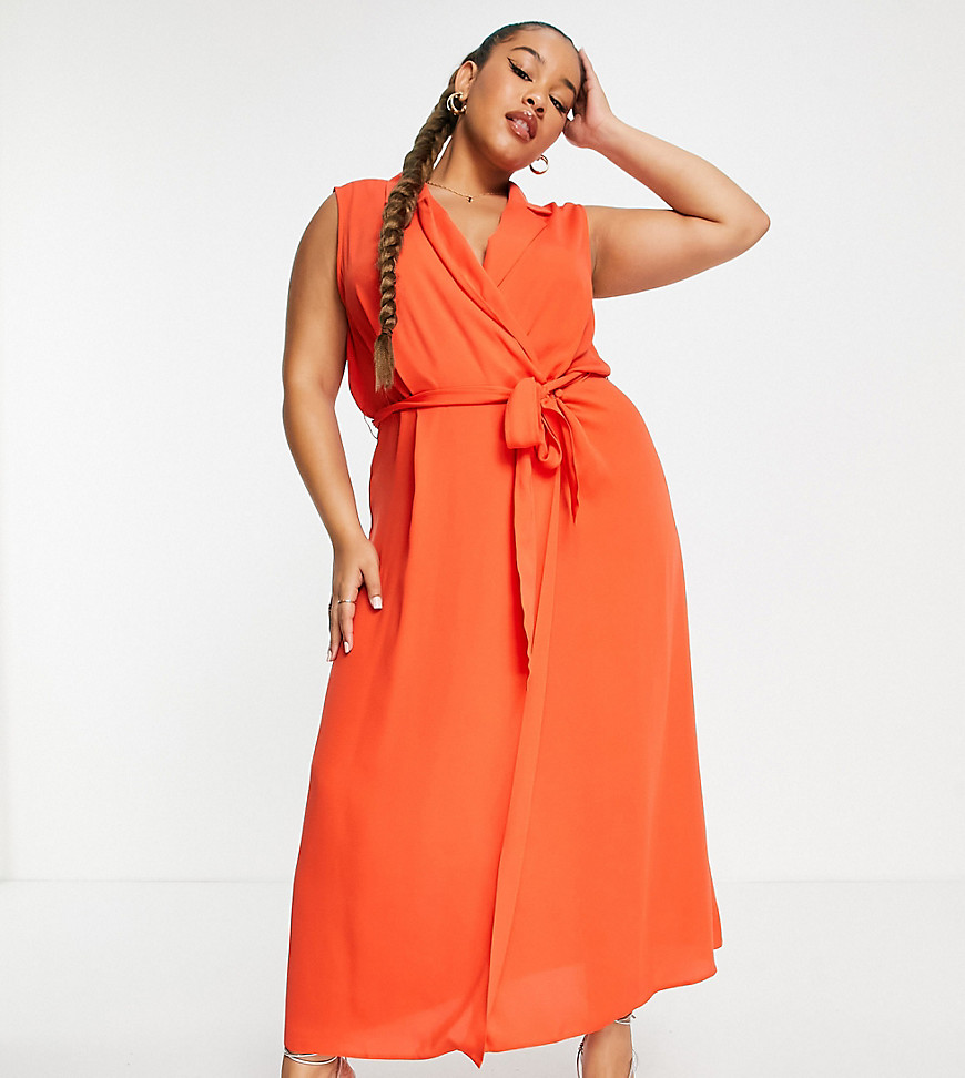Plus-size dress by ASOS DESIGN The scroll is over Wrap front Sleeveless style Tie waist Regular fit