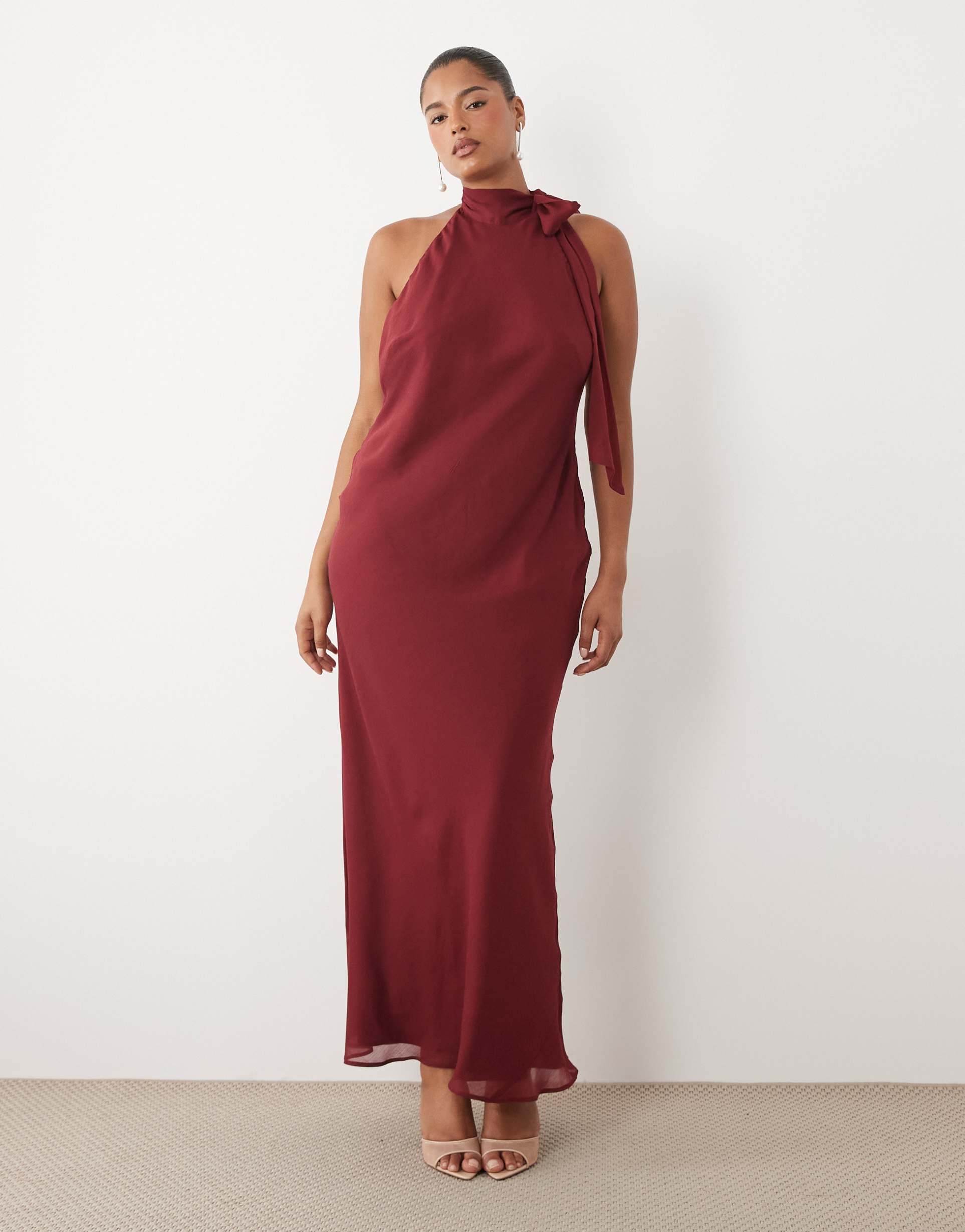 asos design curve tie halter neck maxi dress in berry