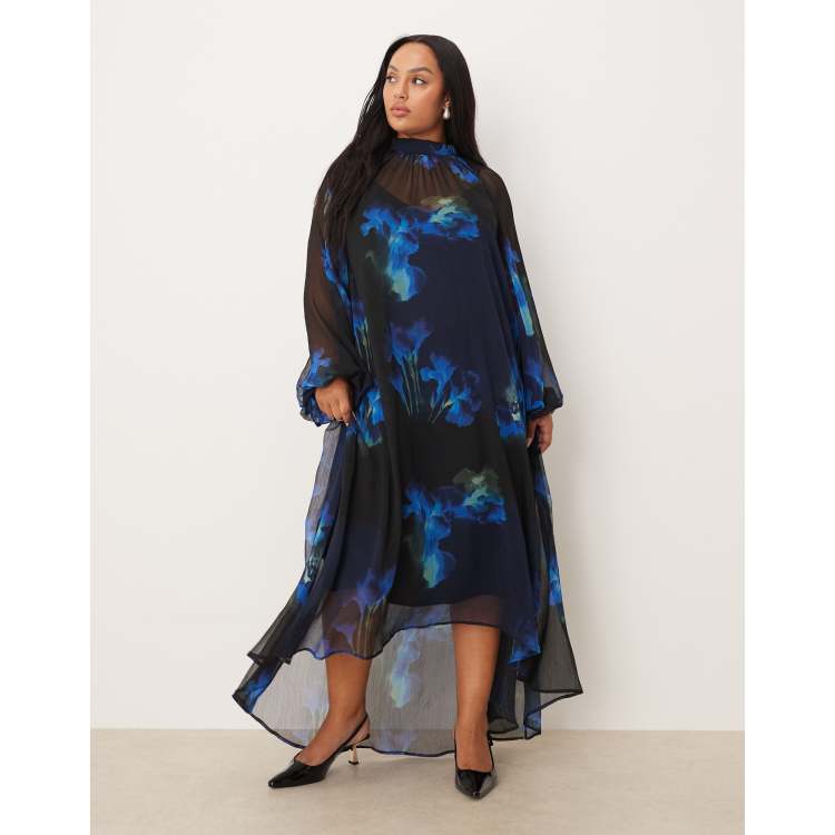 ASOS DESIGN Curve tie neck maxi smock dress with high low hem in